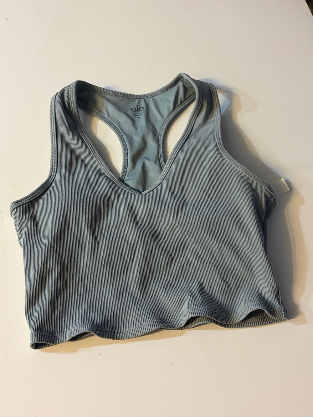 ALO Yoga Ribbed V-Neck Racerback Crop Tank — Dusty Blue